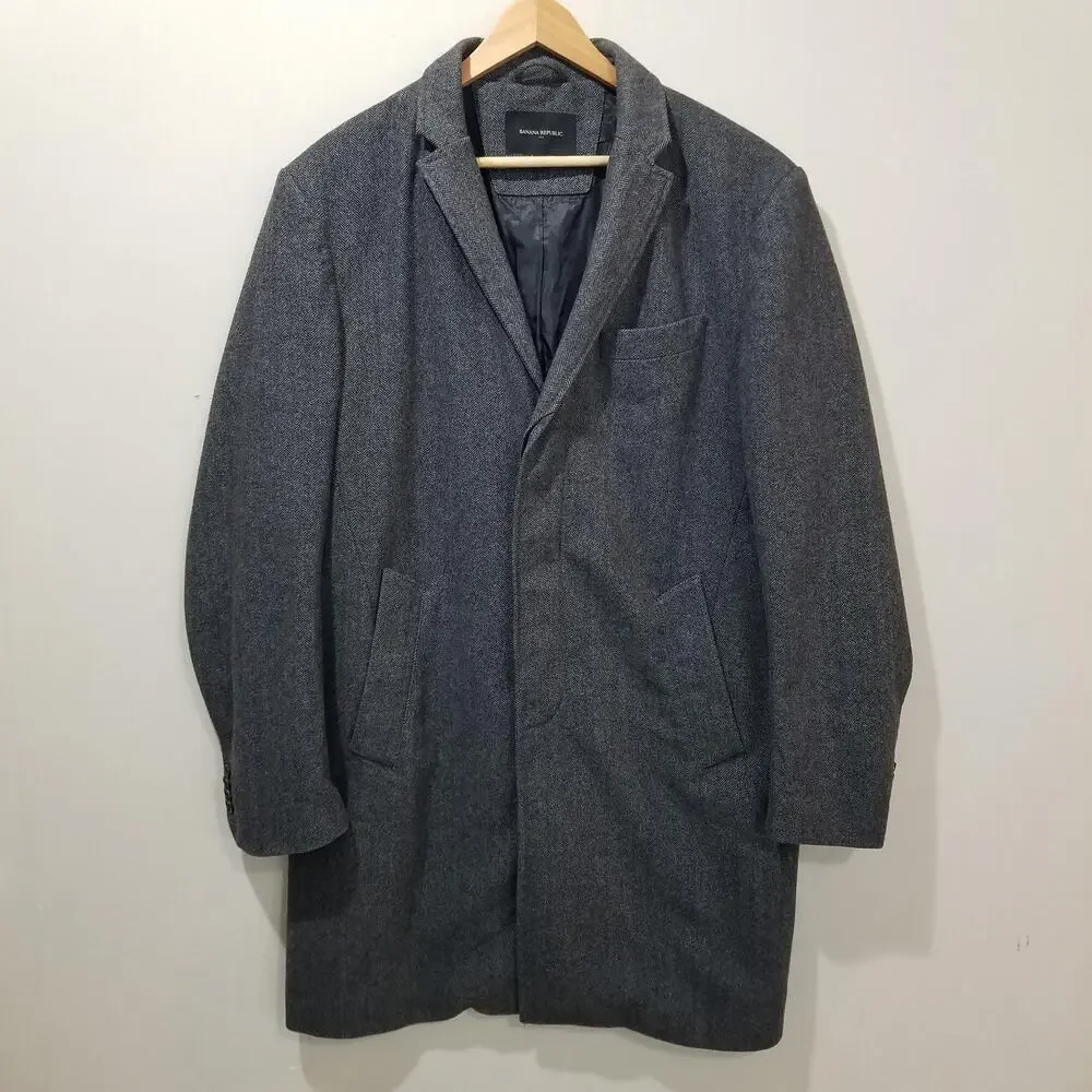 Banana Republic Coat Mens Large Gray Wool HB Topcoat Herringbone Tweed Lined